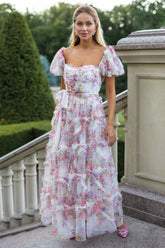 Floral Tulle Puff Sleeve Bow Tie Maxi Dress | Dress In Beauty
